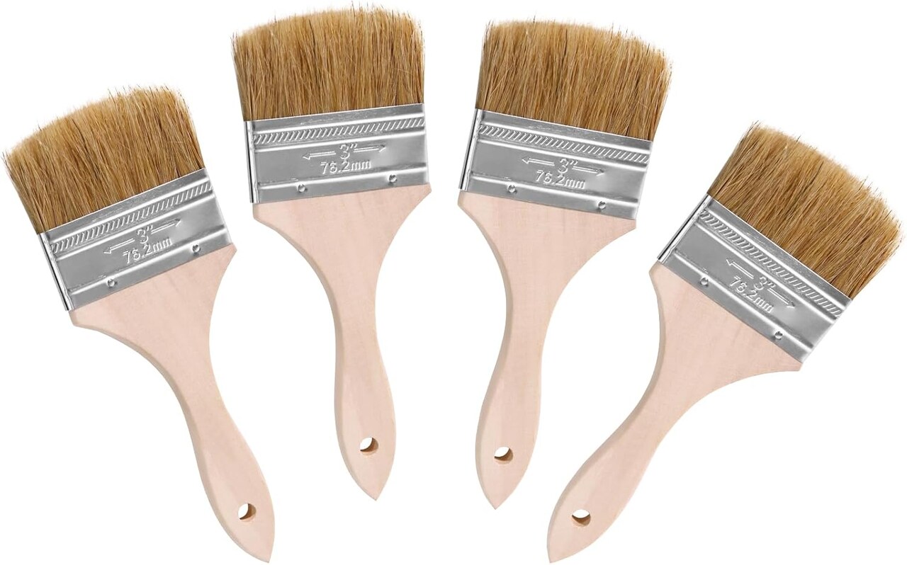 4Pack Household Chip Paint Brush 3inch Natural Bristles Wooden Handle Flat Brushes Set for Painting, Glue, Oil, Acrylic, Stain